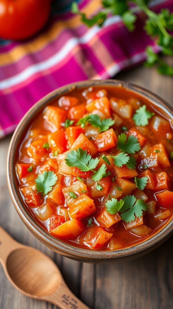 A bowl of Tomato Uzi with chopped tomatoes and cilantro on a colorful tablecloth.